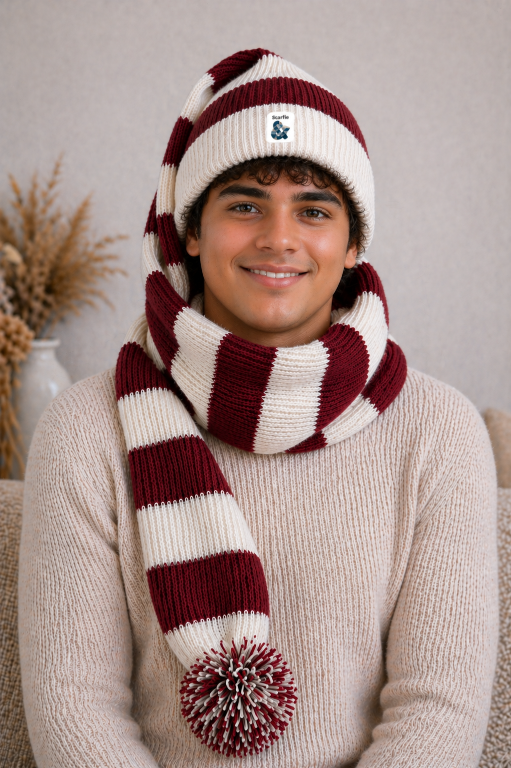 Cozy Maroon and White Striped Bandit – Winter Ready
