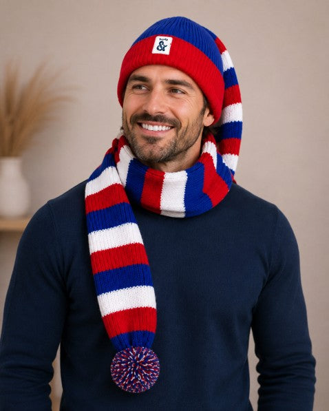 Cozy Blue, Red and White Striped Bandit – Game and Winter Ready