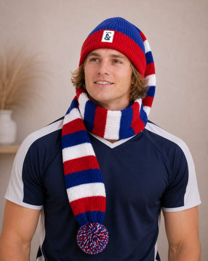 Cozy Blue, Red and White Striped Bandit – Game and Winter Ready