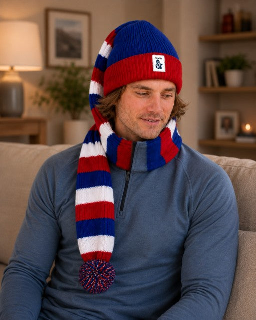 Cozy Blue, Red and White Striped Bandit – Game and Winter Ready