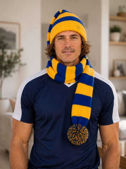 Cozy Blue and Yellow Striped Bandit – Game and Winter Ready